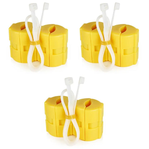 Three yellow Magnetic Fuel Saver XP-2 Vehicle Economizer units with zip ties for Cars, Trucks, and Motorcycles.