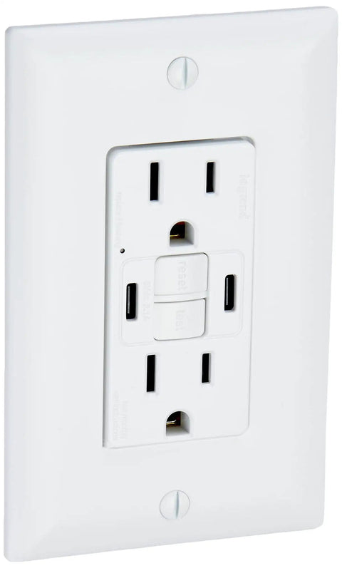 Radiant 1597TRUSBCCW 15 Amp GFCI Decorator Duplex Outlet With USB Type C Ports Self Test Tamper Resistant White Finish