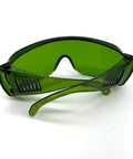 Badass OD5 Laser Protection Goggles Covering 190 To 470 Nm And 800 To 1700 Nm With Tough As Nails Shield, dark green color, polycarbonate lens.