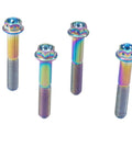 Premium GR5 Titanium Motorcycle Flange Screws With Rainbow Gradient Plating M8 X 1 Point 25 X 45 Millimeter hex head bolts in a set of four.