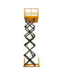 Heavy Duty Scissor Lift Operating Like A Top Shelf Workhorse With Smooth Hydraulic Stationary Drive And Auto Leveling Table To Hoist 4000 Kg Loads Without Breaking A Sweat Built Tough In Bold Orange, full view with extended platform.