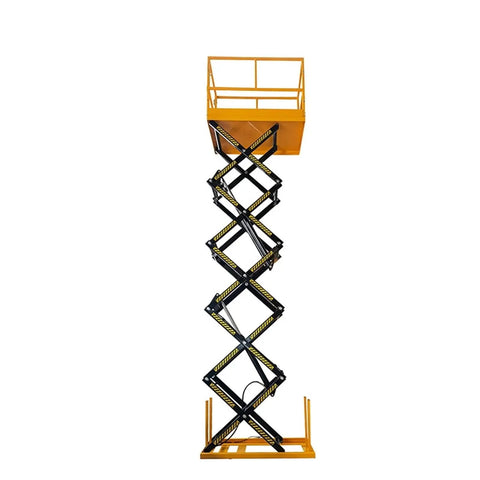Solid Heavy Duty Workhorse Snag This Stationary Hydraulic Scissor Lift 4000Kg Auto Leveling Real Blue Steel Platform Built Tough For Industrial Garage And Shop Projects Rig, yellow scissor lift with elevated platform.