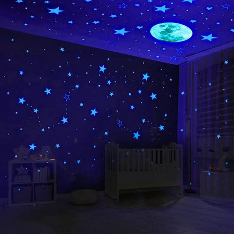 Glow In The Dark Star And Moon Stickers Kit With 1120 Pieces For Ceiling Decor, creating night sky vibe in kids room.