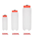 Three translucent auxiliary tanks with red lids labeled 500ML, 1000ML, 2000ML for Universal Motorcycle Auxiliary Gas Tank Repair Kit