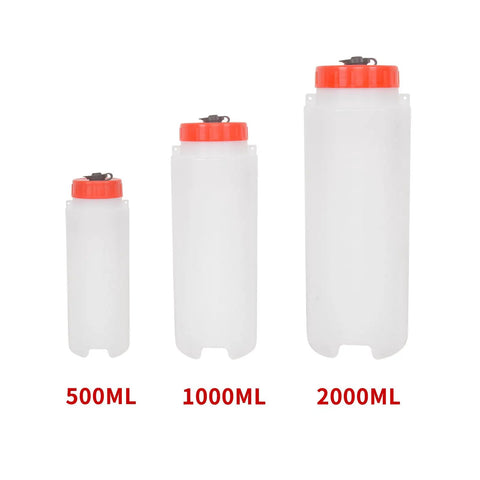 Three translucent auxiliary tanks with red lids labeled 500ML, 1000ML, 2000ML for Universal Motorcycle Auxiliary Gas Tank Repair Kit