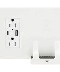 Sleek White Wall Mount Qi Wireless Charger With Dual Usbc And Usba Outlets Plus Two Wall Plugs, showing white power hub and phone holder.