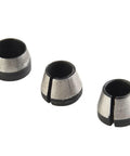 Three Piece Collet Chuck Set 6mm 6.35mm 8mm For Engraving Trimming Machines, shown in hardened steel with precision fit