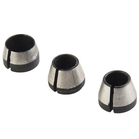 Three Piece Collet Chuck Set 6mm 6.35mm 8mm For Engraving Trimming Machines, shown in hardened steel with precision fit