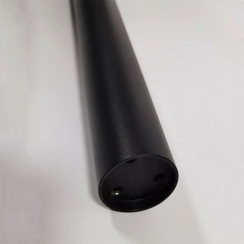 Close-up of sturdy stainless steel breakfast bar support leg, metal furniture feet with screws, 6 cm diameter, side view.