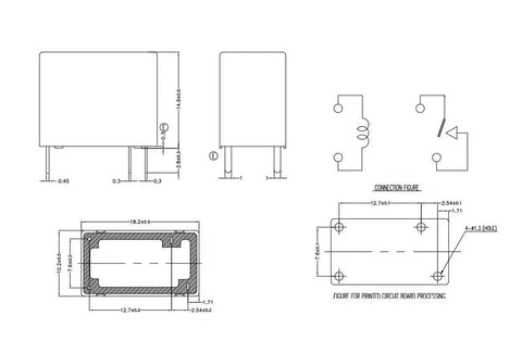 Technical diagram of Four Pack General Purpose Relay Set 12V DC 10A SPST 4 Pin showing dimensions and pin layout for DIY projects and automation.
