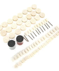 Top Notch 76 Piece Wool Polishing Wheel Set for Electric Grinder showing wheels, shafts, and polishing paste for DIY projects.