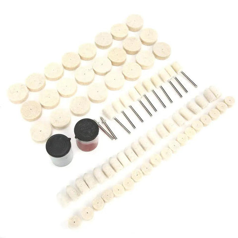 Top Notch 76 Piece Wool Polishing Wheel Set for Electric Grinder showing wheels, shafts, and polishing paste for DIY projects.