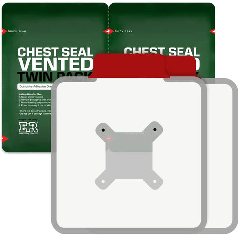 Ever Ready First Aid vented chest seal twin-pack, 6.6-inch square occlusive dressing, front view.