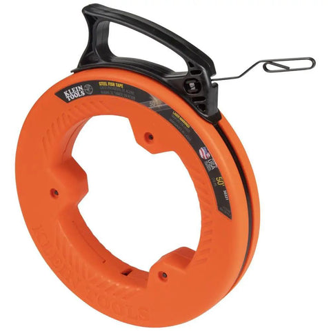 50 Foot Electrical Fish Tape Pro Grade With Steel Wire Puller, showing handle, orange housing, and double loop tip for wiring projects