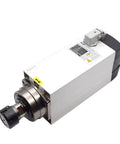 No Nonsense Air Cooled Spindle Motor Rig From Seven Point Five Kilowatts To Nine With Dual Voltage Hookup and Er32 Collet Chuck for Heavy Duty CNC Milling Router Woodworking Shop Upgrades showing metal spindle motor with ER32 collet.