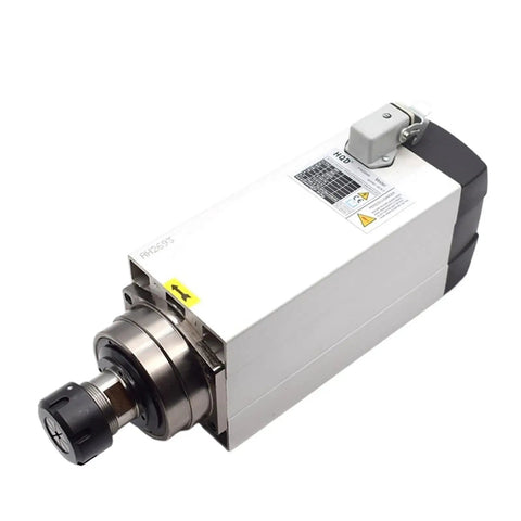 No Nonsense Air Cooled Spindle Motor Rig From Seven Point Five Kilowatts To Nine With Dual Voltage Hookup and Er32 Collet Chuck for Heavy Duty CNC Milling Router Woodworking Shop Upgrades showing metal spindle motor with ER32 collet.