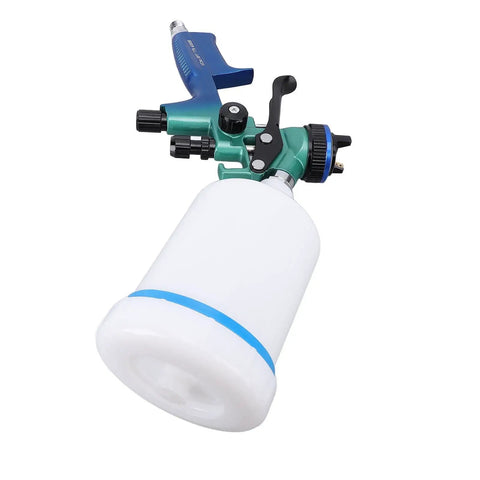Plug And Play HVLP Spray Paint Kit With 600 Mil Liter Cup And 1 Point 3 Millimeter Stainless Nozzle, close-up of spray gun with white cup.