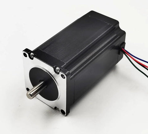 Angled front view of NEMA 23 stepper motor with 8 mm shaft and 100 mm length; black housing with silver mounting flange.