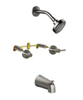 Eastport Two-Handle Tub And Shower Faucet In Satin Nickel showing showerhead, tub spout, and valve components
