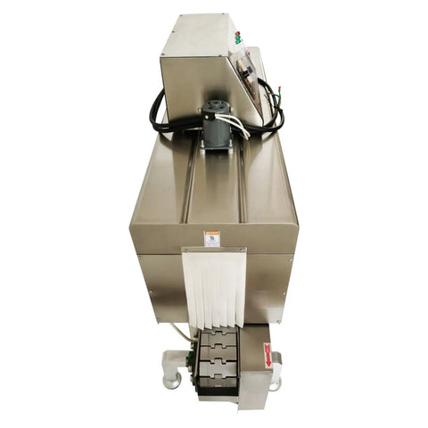 Dinenovate Automatic Heat Shrink Labeling Machine For Pvc Pp Pof Films Durable Stainless Steel Body top view with control panel and conveyor.