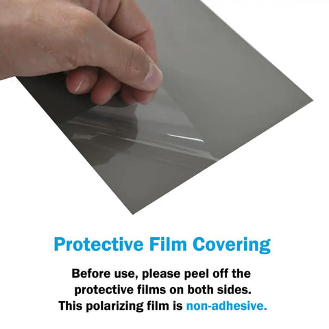 Hand peeling protective layer from 3 Pack Polarizing Film Sheets 7.8 By 11.8 Inches 20 By 30 Cm Non-Adhesive Polarizer For Education Physics Experiments.