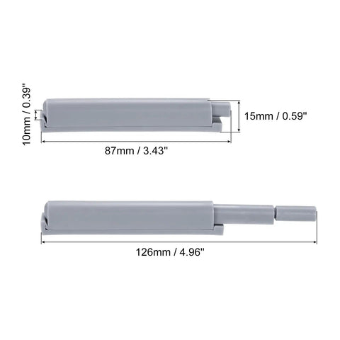 Push To Open Magnetic Door Latch Set For Hidden Doors And Cabinets dimensions, showing extended and retracted length, gray color.