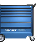 Heavy Duty Blue Mobile Tool Trolley Featuring Corrosion Resistant Steel Frame And Abs Plastic Top With Small Parts Organizer Euro Perforated Side Walls For Tool Hooks And Buttery Smooth Drive Handle For Road Ready Garage Mobility And Daily Shop Grind side view with six drawers and wheels.