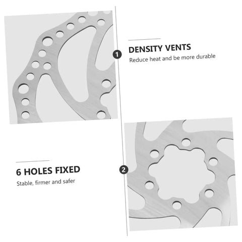 Complete Mechanical Disc Brake System For Mountain Bike Front And Rear With Forged Aluminum Calipers And Long Wear Pads. Close-up of brake rotor showing density vents and 6 holes fixed design.