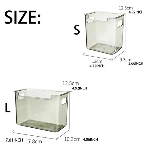 Crystal Clear Freezer Storage Bins Set With Stackable Upright Organizers For Meat And Veggies, size chart showing S and L bins.
