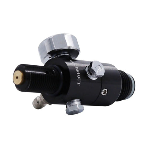 Close-up of black Six Configurations 4500 PSI Paintball Air Tank Regulator Gauge with silver accents and M18x1.5 output.