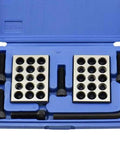 Shars Ultra Precision 1-2-3 blocks with screw set in blue case; two metal blocks with screw holes and L-shaped hex key