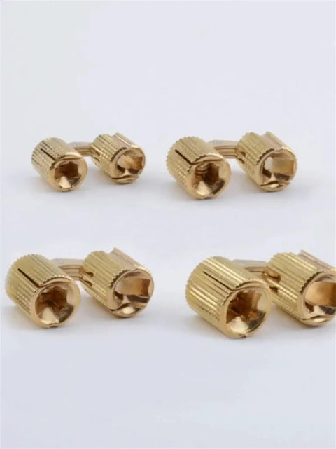 Copper Barrel Hidden Cabinet Hinge Set for Furniture, Cylindrical Concealed Brass Hinge, shown in gold finish on white background