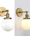 Hardwired Wall Sconce With White Globe Glass Brass Vanity Light For Bathroom Vintage Retro Vibe Wall Fixture With On Off Switch