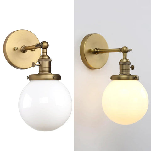 Hardwired Wall Sconce With White Globe Glass Brass Vanity Light For Bathroom Vintage Retro Vibe Wall Fixture With On Off Switch
