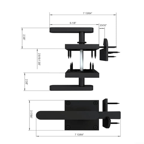 Heavy Duty Dual Handle Gate Latch, Post Mount Automatic Lever Fence Lock dimensions and design in black aluminum finish.