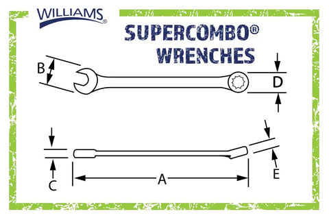Diagram of Seven Piece SAE Wrench Set With Open End Grooves For Corner Protection And Super Torque Box Opening measurements.