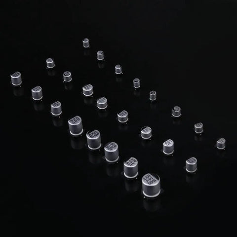400 Pcs Electrolytic Capacitors Assortment Kit With 24 Values And 24 Types SMD Bypass Low Frequency Aluminum Caps on black background