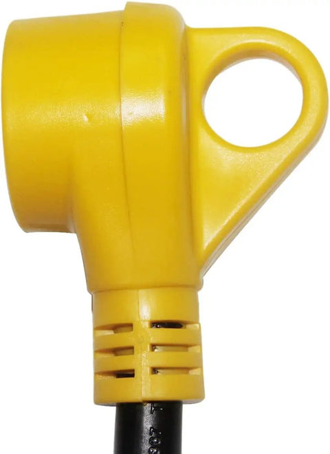 Close-up of 30 Amp RV Power Adapter Cord With 4 Prong Locking Plug NEMA L14 30P To TT 30R RV Extension, 12 Inch, yellow plug.