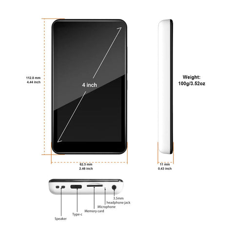 Kids MP3 Player With Bluetooth And WiFi Android 9.0 144GB four inch touch screen dimensions and ports