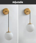 Brushed Gold Modern Wall Sconces Set Of Two With Milky White Hanging Globe Glass Shade Indoor Wall Lighting For Bedroom And Living Room Decor Premium Sconce Pair That Look Totally Chic, adjustable view