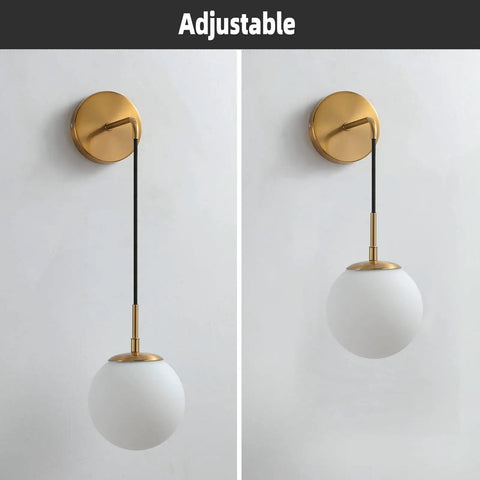 Brushed Gold Modern Wall Sconces Set Of Two With Milky White Hanging Globe Glass Shade Indoor Wall Lighting For Bedroom And Living Room Decor Premium Sconce Pair That Look Totally Chic, adjustable view