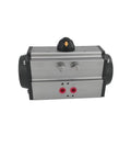 Side view of AT92 air cylinder; aluminum body, black end caps, 90° rotation, double-acting/spring-return