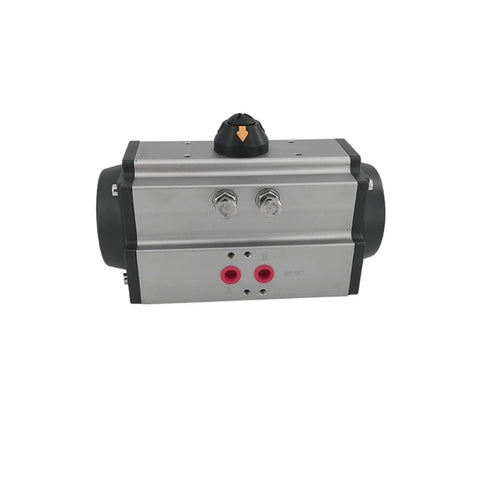Side view of AT92 air cylinder; aluminum body, black end caps, 90° rotation, double-acting/spring-return