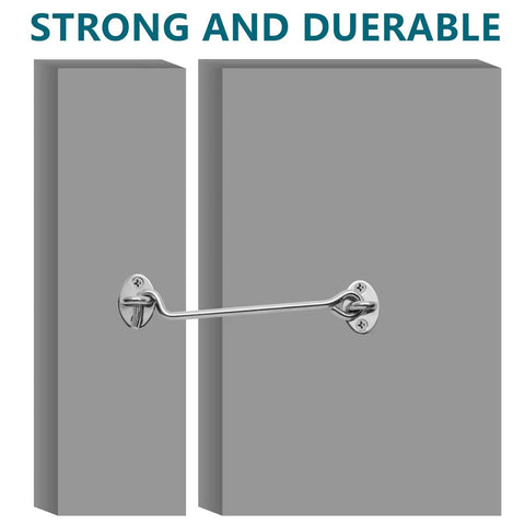 Heavy Duty Two Pack Eight Inch Gate Hook And Eye Latch Rock Solid Stainless Steel Security Latch mounted on grey wooden panels.