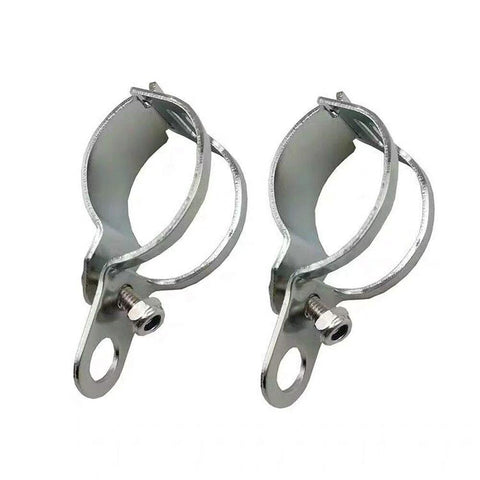 Pair of chrome metal motorcycle turn signal light indicator mount clamps, fits 30-45mm tubes.