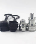 high-pressure hydraulic quick coupler with male and female parts and dust caps in steel and plastic