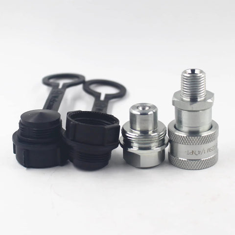 high-pressure hydraulic quick coupler with male and female parts and dust caps in steel and plastic