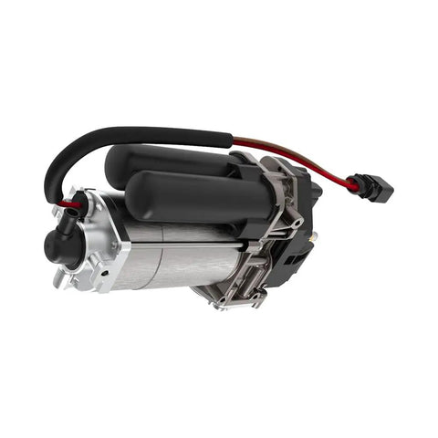 Heavy Duty Air Suspension Compressor Replacement For Tesla Model S And X 2016 Through 2021 Direct Bolt On Upgrade view from side showing pump and connections.