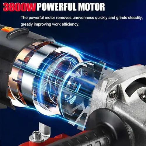 Close-up of 3800W powerful motor of Heavy Duty Angle Grinder And Concrete Polisher With Six Speed Settings For Smooth Wall And Floor Finish.