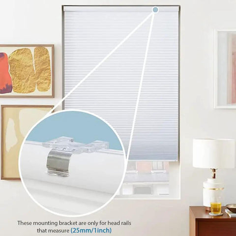 Room showing Four Pack Window Shade Mounting Brackets Clips For 1 Inch Pleated Honeycomb Cordless Blinds Headrail Holder With Metal Clip Easily Install Durable Metal Construction Fits 25mm System in use.